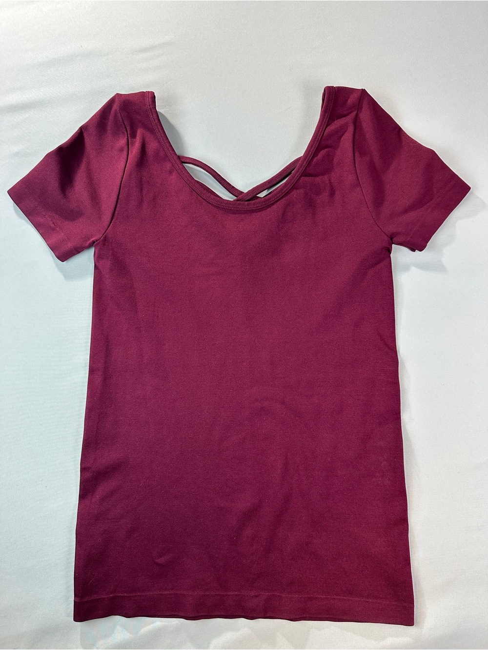 Love Charm Short Sleeve Shirt Scoop-Back Tee Deep Berry Criss Cross Back Cottage